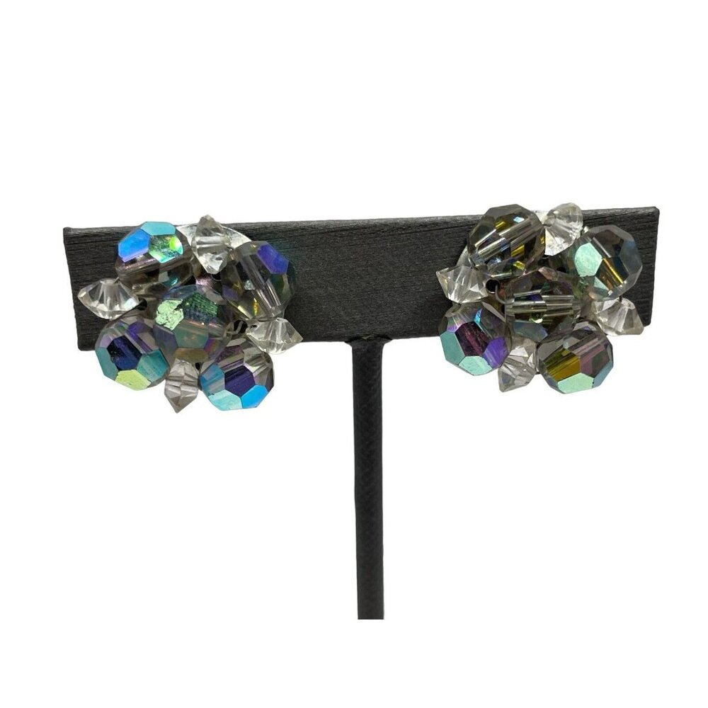 VTG LAGUNA AB SMOKEY DARK & CLEAR BEAD CLUSTER CLIP ON EARRINGS SILVER TONE - Picture 3 of 14